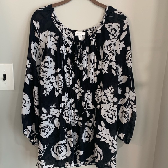 Charter Club Tops - Charter Club Black/White Floral Print Sheer Blouse w/ Tie Neck & Pintucks 2X